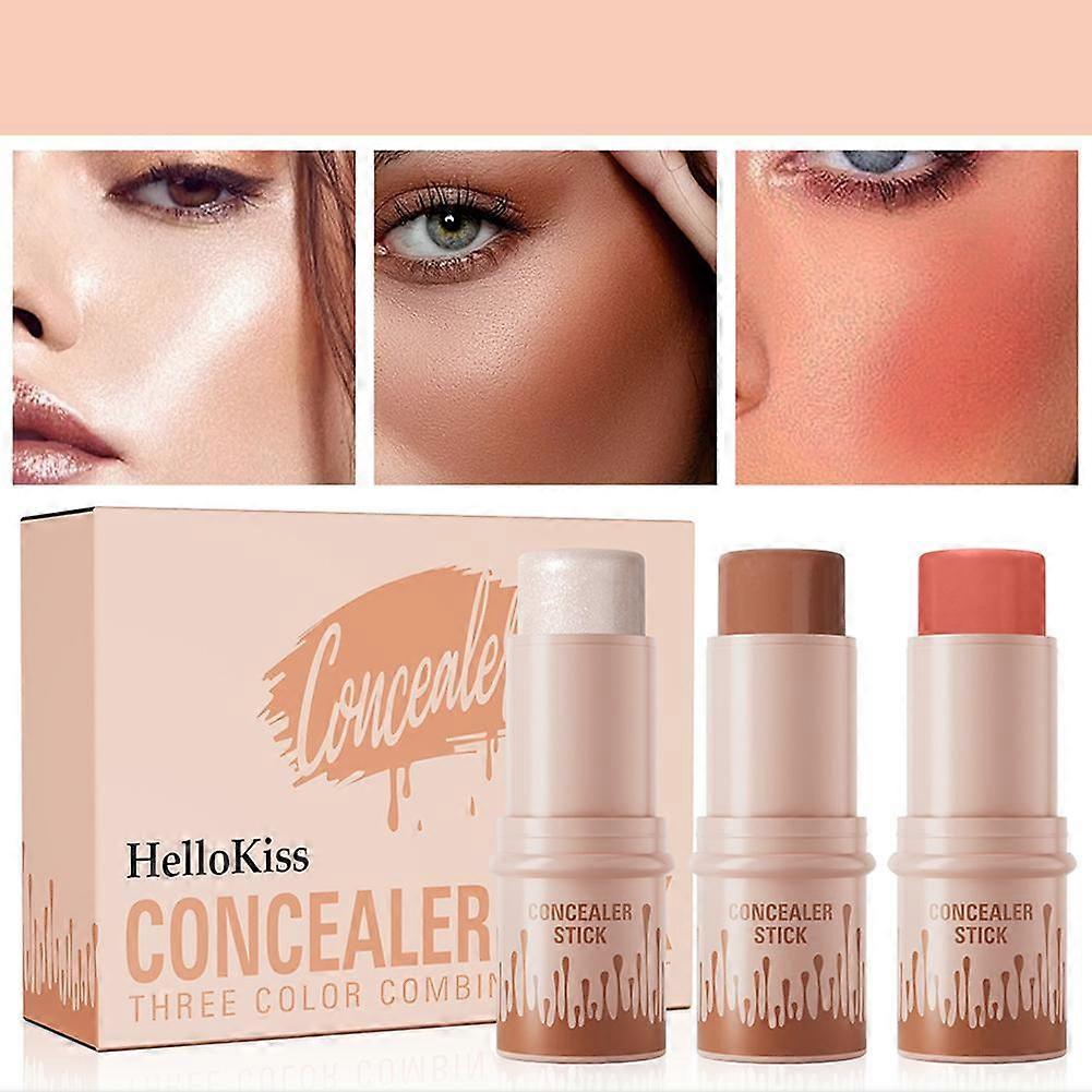 3-in-1 Highlighter Blush Stick For Flawless Glow Long Lasting Non-Cakey Makeup With Pore Minimizing Effect 3 Color Set