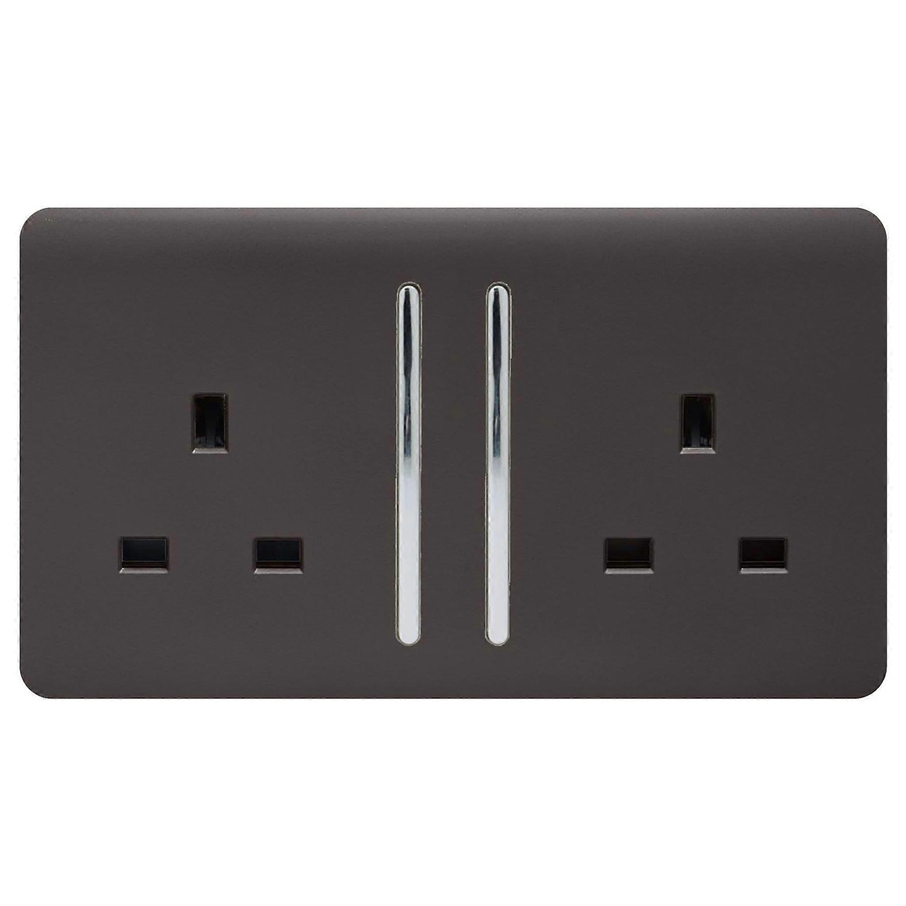 Trendi 2 Gang Raised Artistic Modern Glossy Screwless 13 Amp Single Pole with Chrome Switched UK Standard Electrical Double Wall Plug Socket in Dark Mocha Brown - ART-SKT213LDB