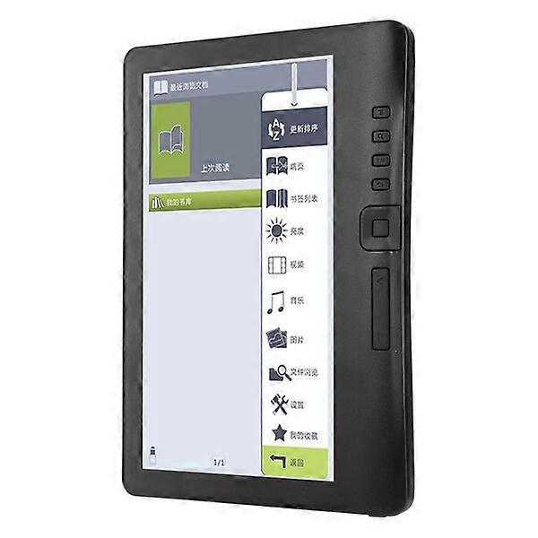 7-inch TFT e-book reader, multi-format support, page skipping and bookmarking available