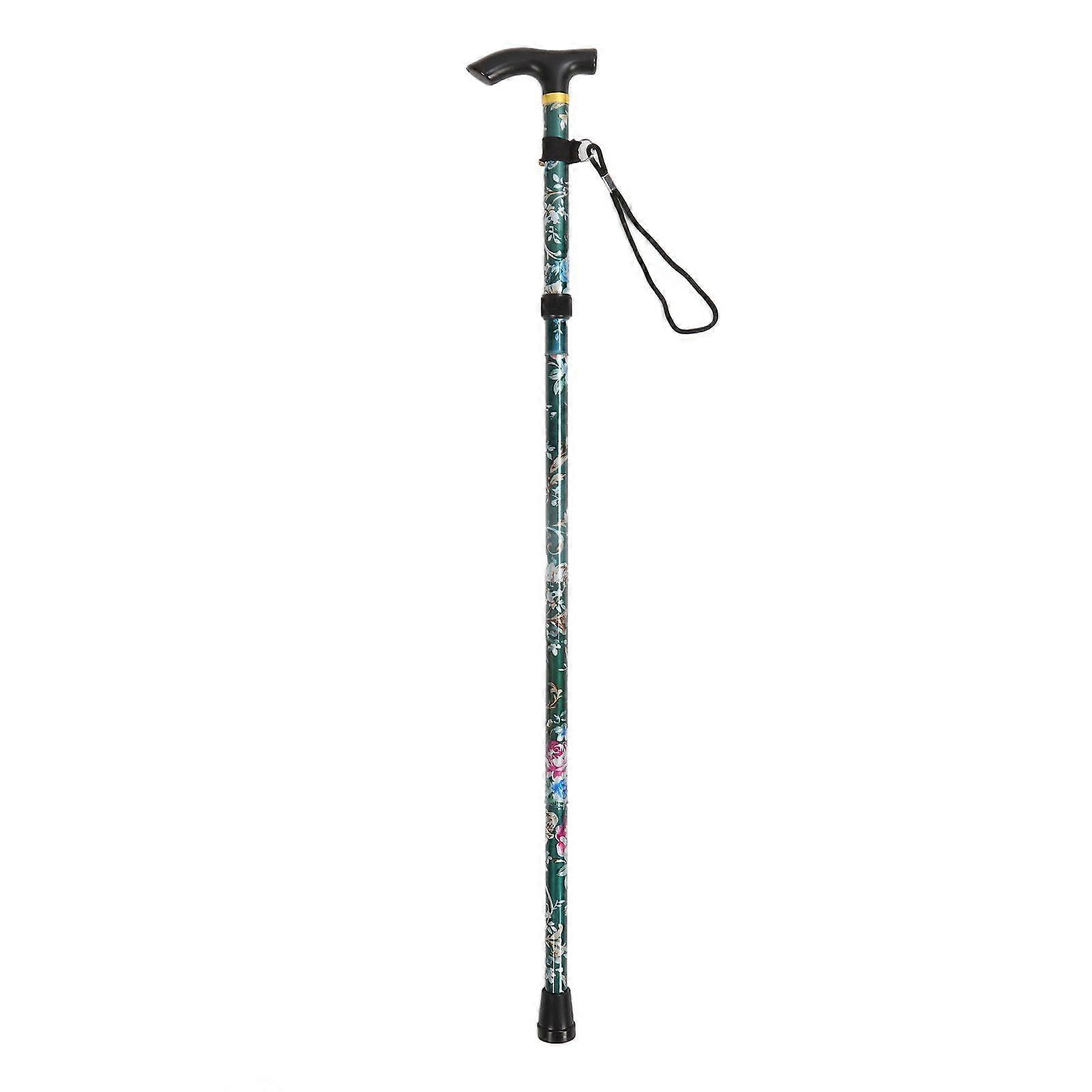 Folding Walking Cane 5 Level Foldable Lightweight Print Climbing Support Adjustable Height Aluminum Cane for Outdoors Hiking Green Print