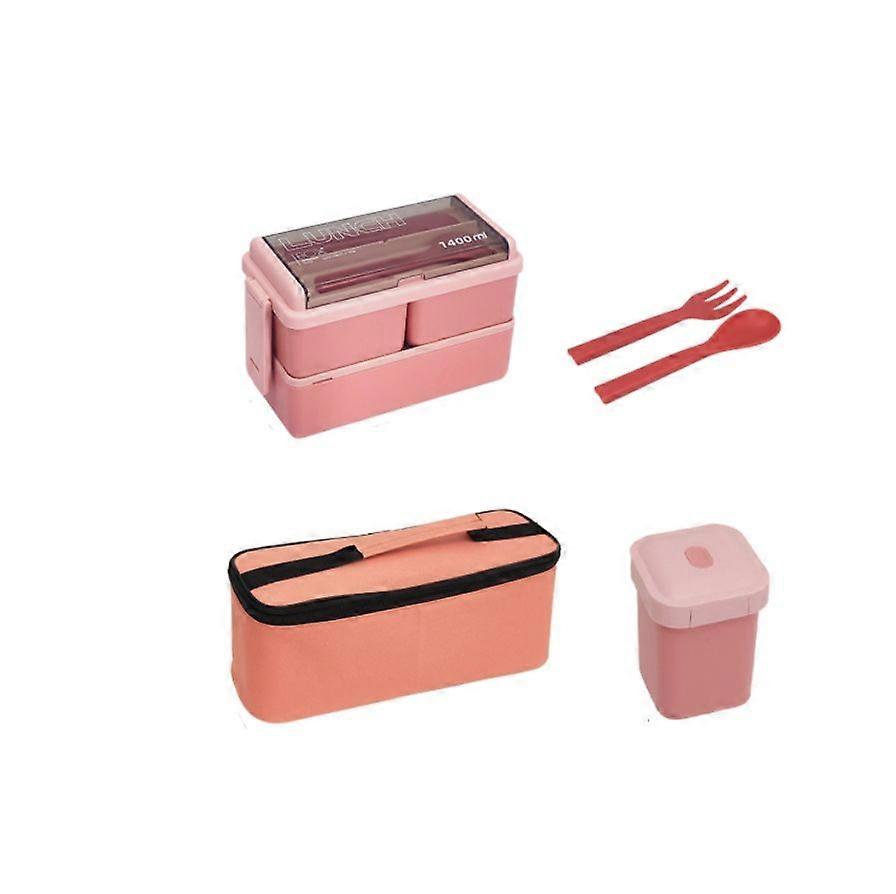 Lunch Box, Stackable Bento Box Set with 3 Compartments with Lunch Bag, Snack Bag and Cutlery - pink