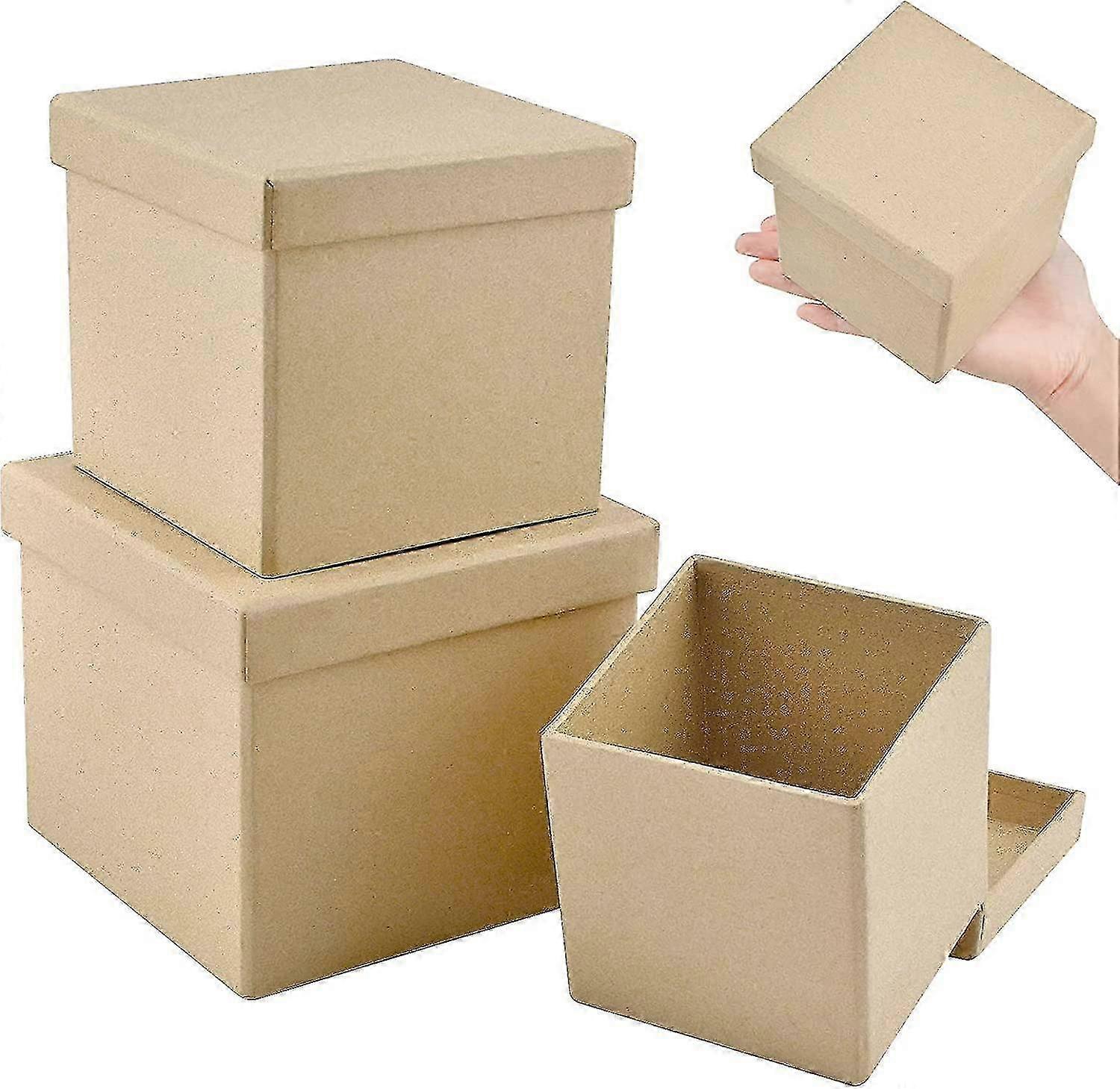 Paper Mache Box, Set Of 3 Square Paper Mache Hat Boxes Kraft Paper Containers With Lids Ideal For Painting Crafting & Storage Accessories Cosmetics Je
