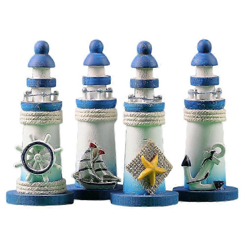 4pcs Wood Lighthouse Ornaments Ocean Style Home Desk Lighthouse Decoration Craft