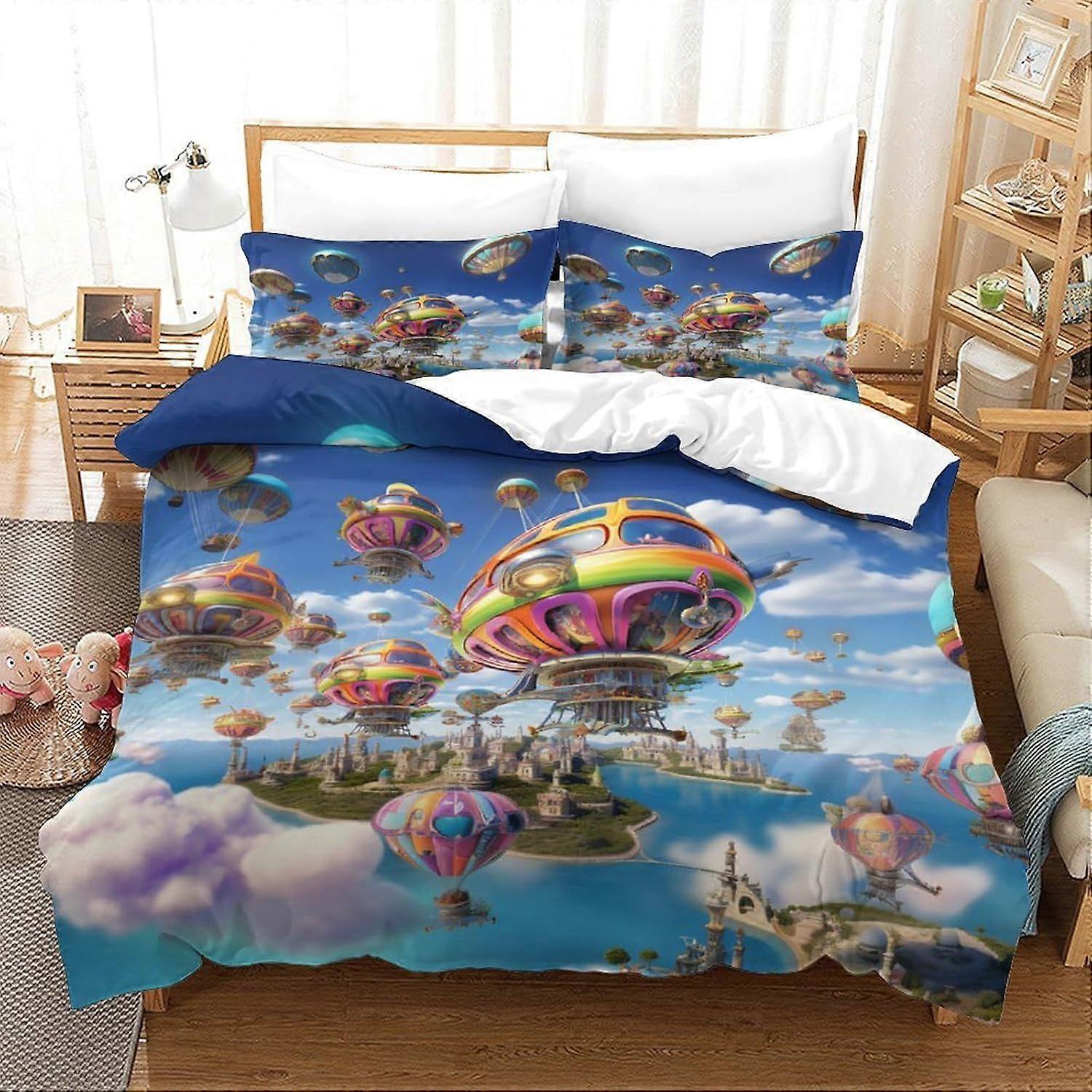 U517 Sci-Fi Flying Machine Dazzling Dimensional Printed Microfibre Duvet Cover And Sheet Set, Soft And Beautiful Microfibre Pillowcases, with Invisibl