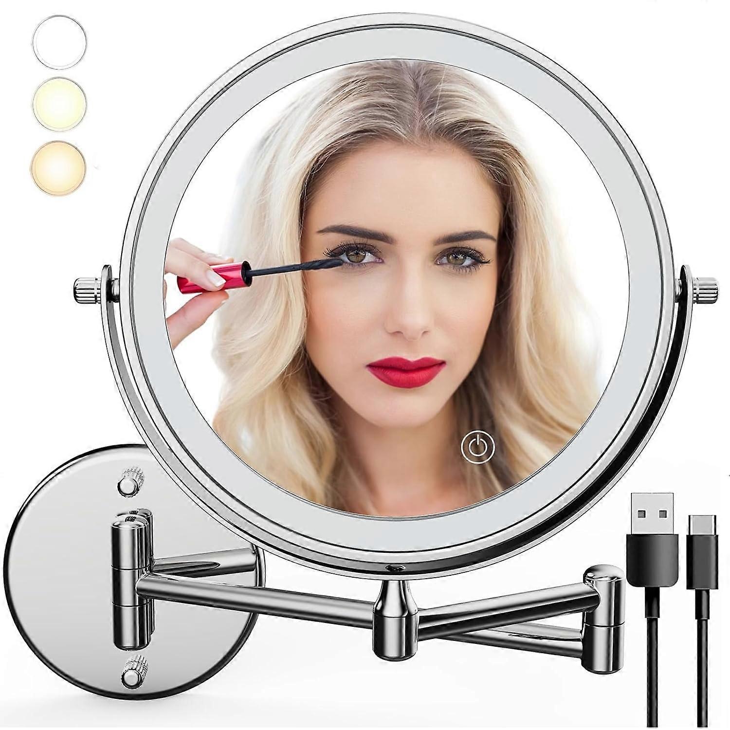 Wall Mounted Lighted Makeup Mirror, Rechargeable 8" Double-Sided Magnifying Mirror 1X/10X with 3 Color LED Lights, Touch Control, 360° Rotation,