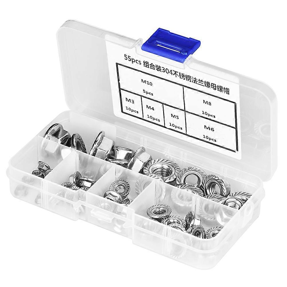 55pcs Stainless Steel Hex Flange Nuts M3-M10 Thread Sizes