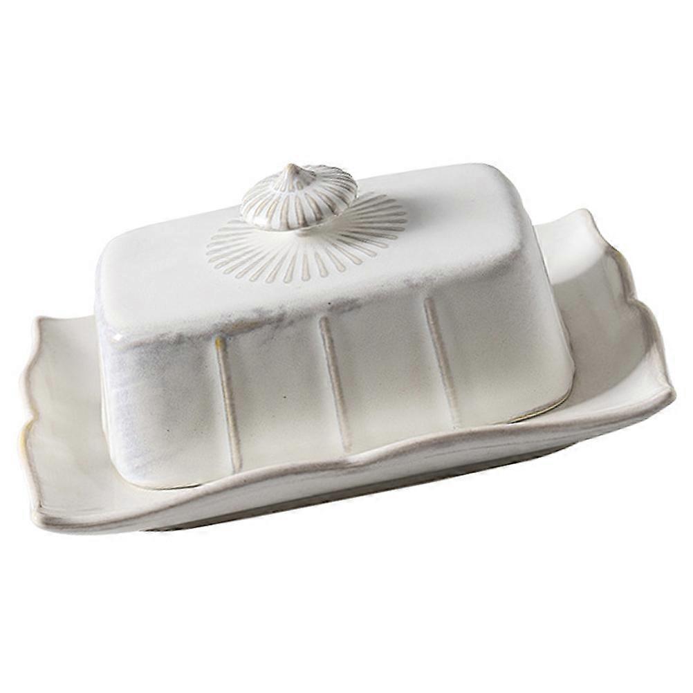 White Ceramic Butter Holder for Home Use 1Set with Lid Storage Tray