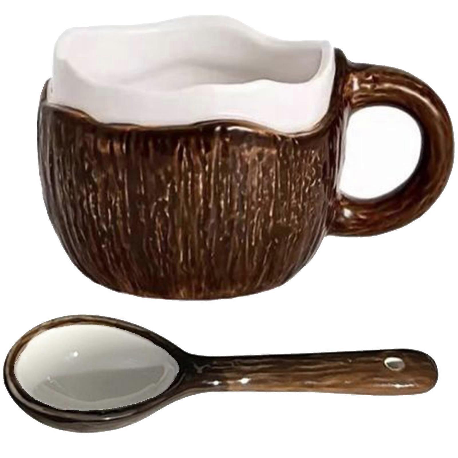 Coconuts Shell Shape Ceramic Coffee Cup With Ergonomic Handle And Spoon Included Thick Drinking Mug Elegant Gift Multicolor