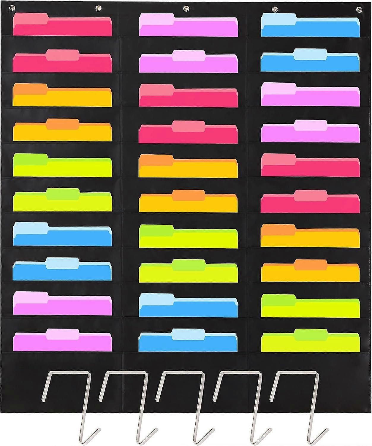 Heavy Duty Storage Pocket Chart 30Pocket Organizer with 5 OverDoor Hangers, Classroom FileFolder Wall Organizer, Black