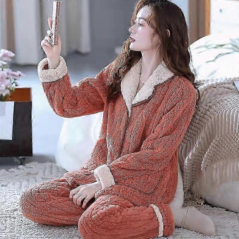 Thickened Coral Fleece Warm Suit Casual Outer Wear Autumn and Winter Loose Lazy Pajamas Pajamas Pajamas Color Matching Home Service 25-26