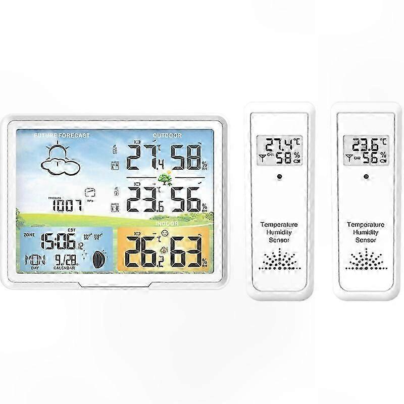 Wireless Weather Station with Dual Outdoor Sensors, Indoor Radio Clock, Temperature and Humidity Monitoring, Alarm Function for Home and Office Use