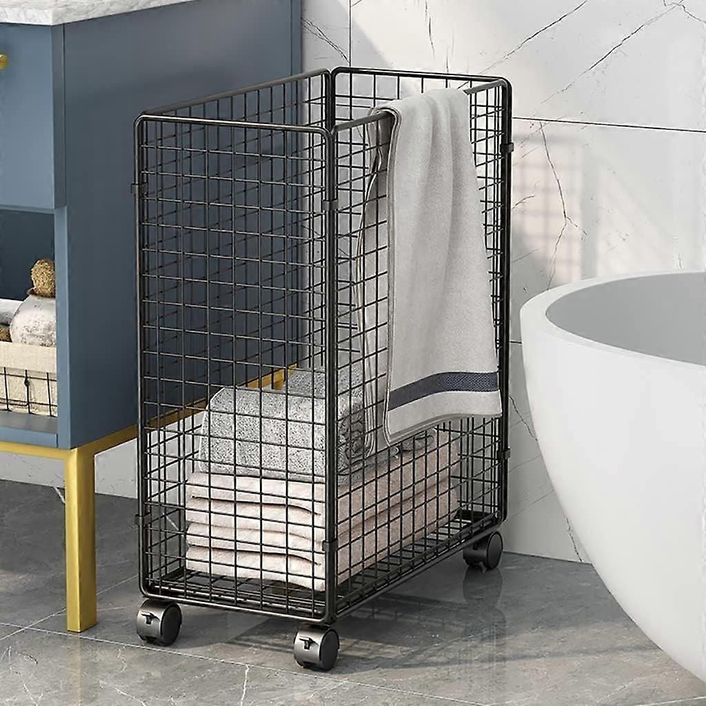 Metal Rolling Laundry Basket Cart Collapsible Hamper With Wheels Black Finish For Clothes Or Linen Storage