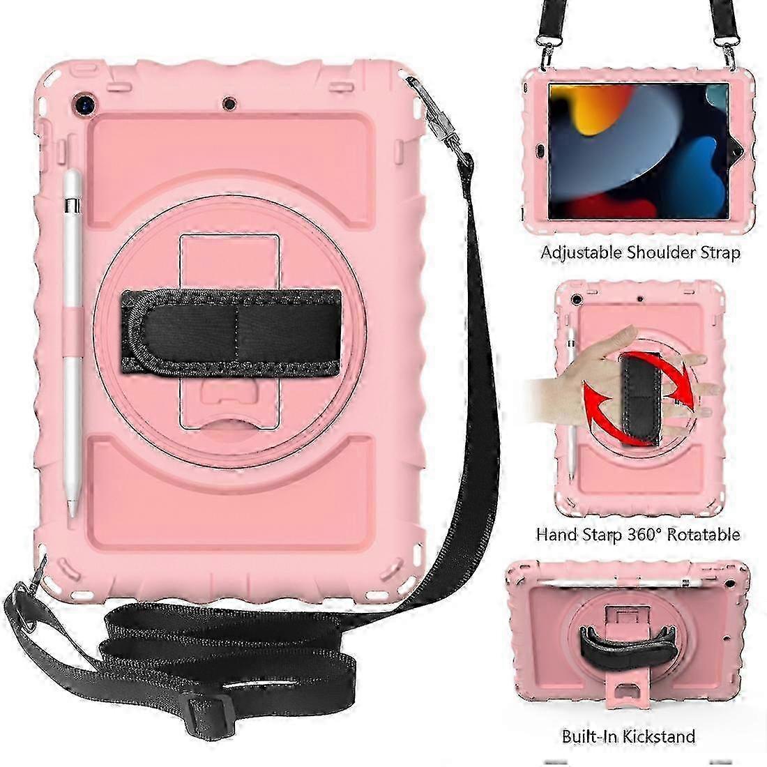 For iPad 10.2 360 Degree Rotating Case with Pencil Holder, Kickstand Shockproof Heavy Duty with Shoulder Strap,Hand Strap