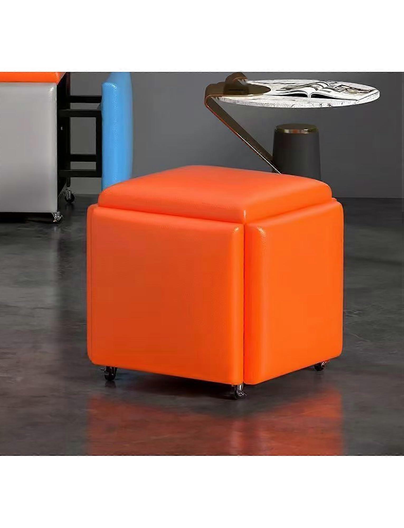 5 in 1 Leather Ottoman Cube Chair with Nested Stools for Living Room Bedroom Dining (Orange)