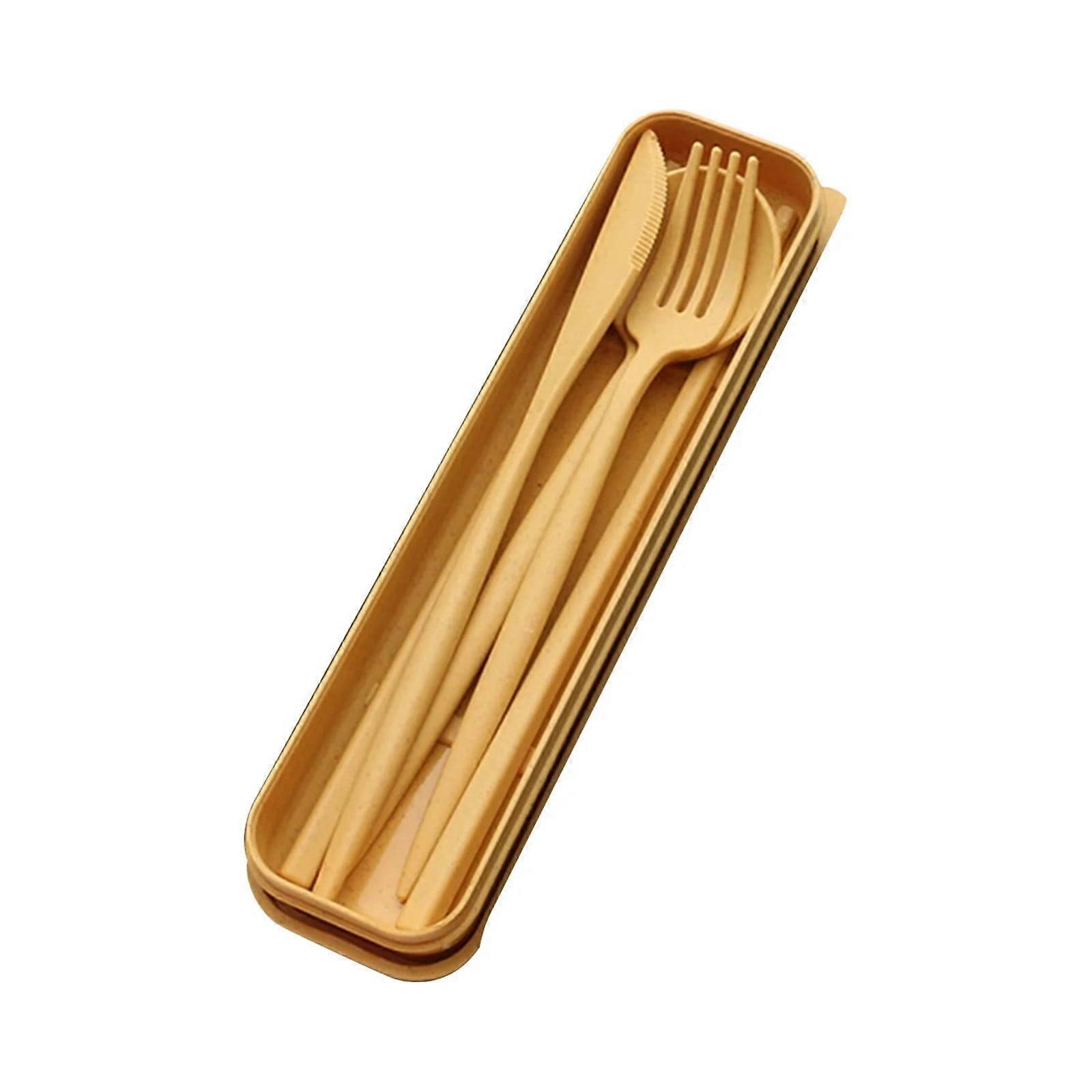 4Pcs/Set Flatware Sets Creative With Case Plastic Portable Spoon Fork Sets for Kitchen Wheat Straw Tableware Yellow