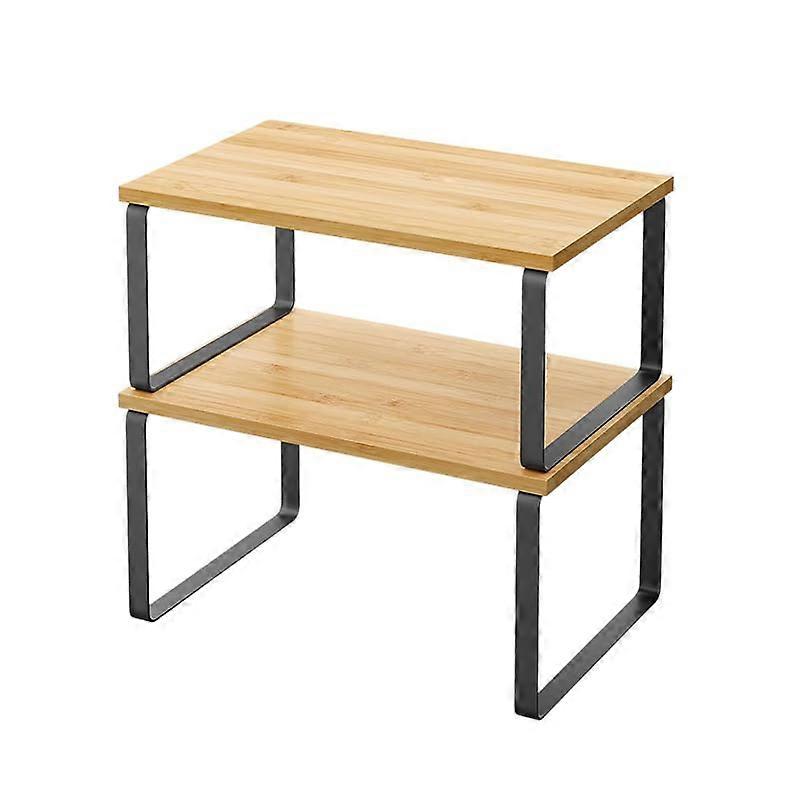 Set of 2 Stackable Cabinet Organizer Shelf, Expandable Wood and Metal Kitchen Counter Rack, 33lb Capacity
