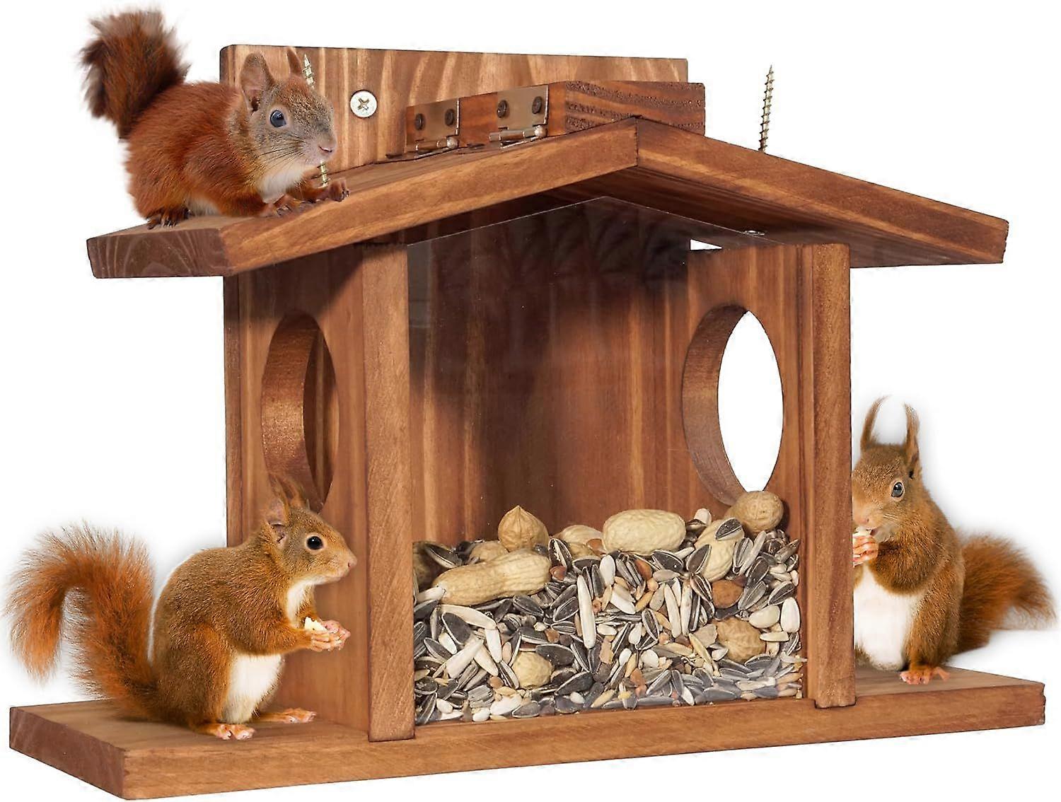 Wood Squirrel Feeder, Squirrel Feeders for Outside Winter, Wooden Chipmunk Feeder for Corn, Peanuts, Durable Box Easy to Fill with Removable Front Pan