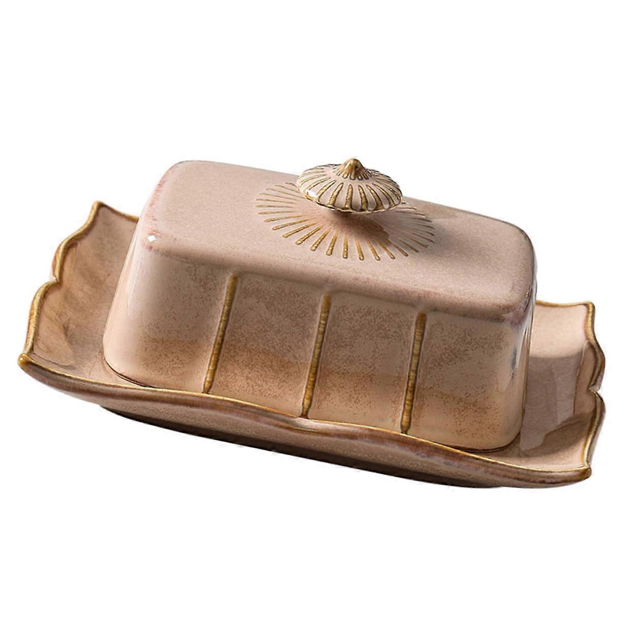 Butter Dish with Lid Ceramic Rectangular Container for Butter Cheese Snacks Keeps Fresh Khaki