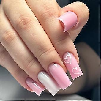 Ombre Pink White Press on Nails Medium Long Square , Fake Nails with Heart Design Gel Glue on Nails for Women Girls Full Cover Acrylic Artificial Fal