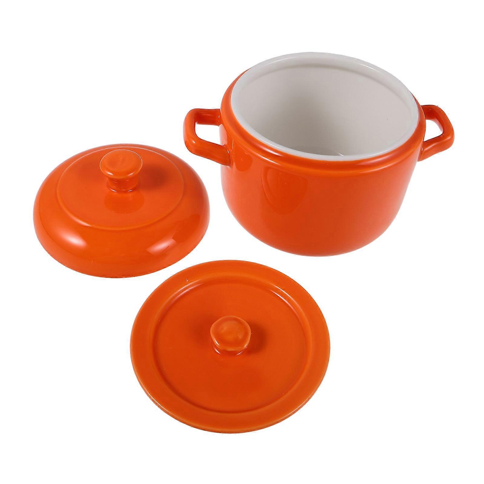 Ceramic Soup Pot with Lid for Cooking Single Serve Orange Clay Pot