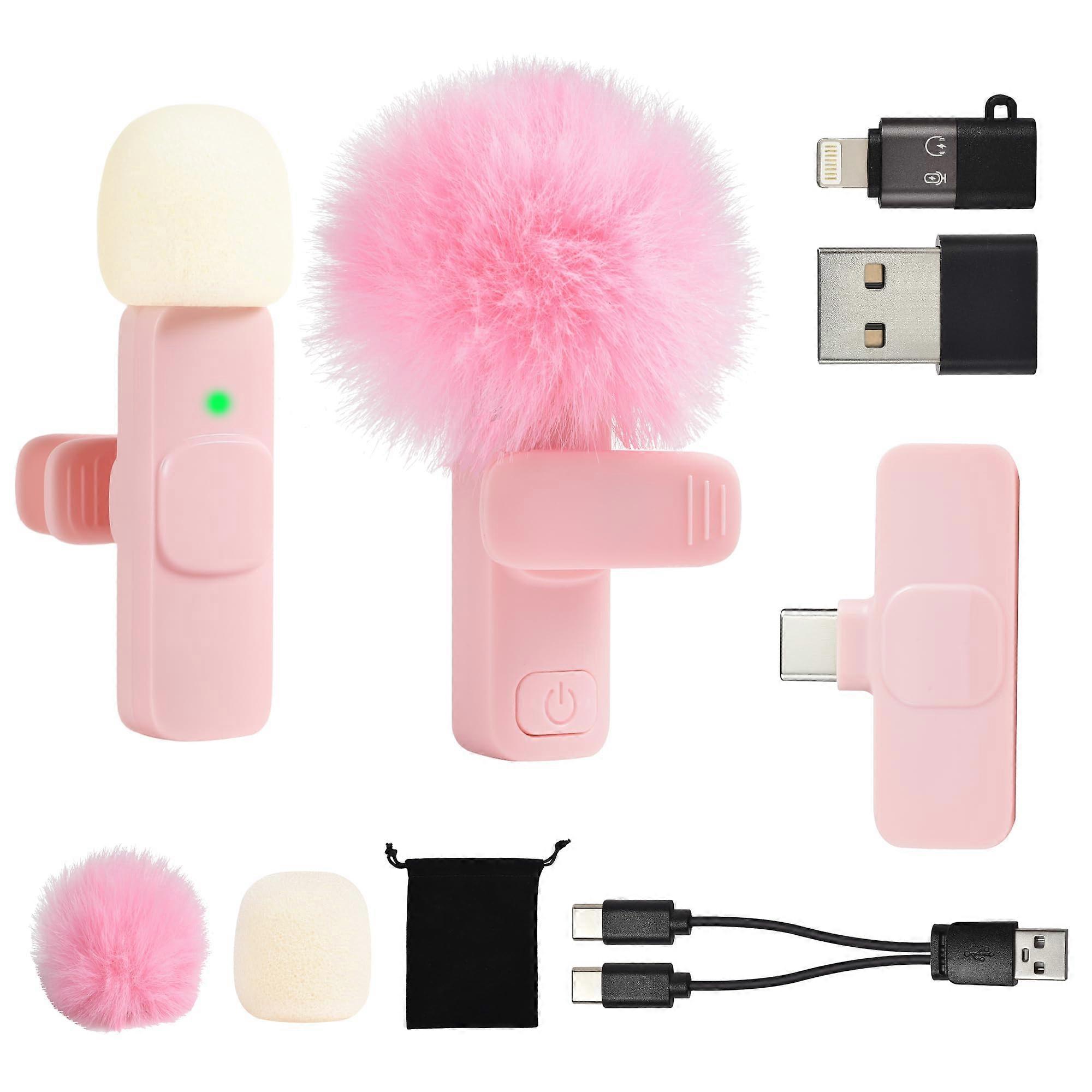 Wireless Lavalier Microphone with Noise Reduction for iPhone Android USBC Video Recording Pink