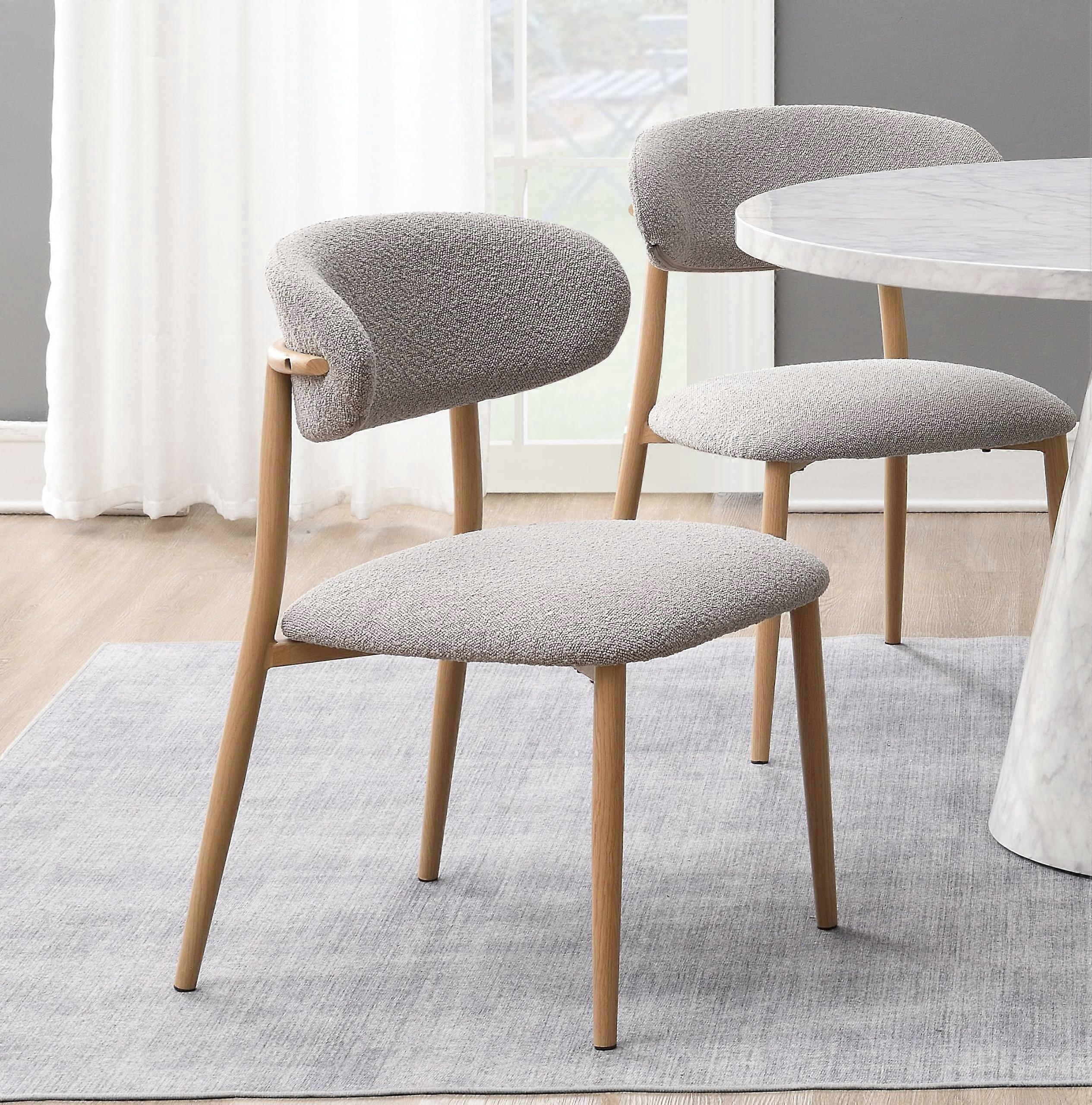 Modern Upholstered Dining Chairs Set of 2 Light Gray Boucle with Ergonomic Curved Back and Metal Frame