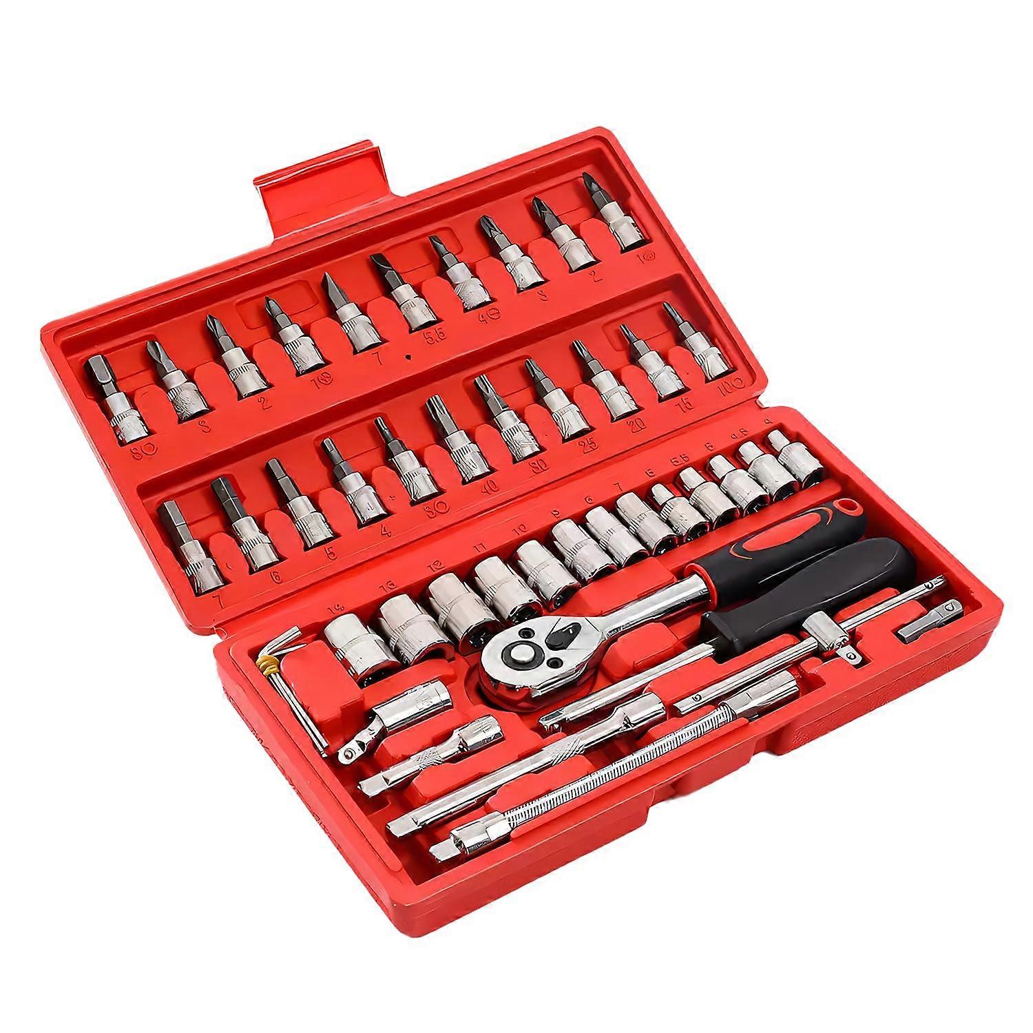 46 Piece Socket Wrench Set with Case, 1/4 Inch Metric Ratchet Wrench for Auto