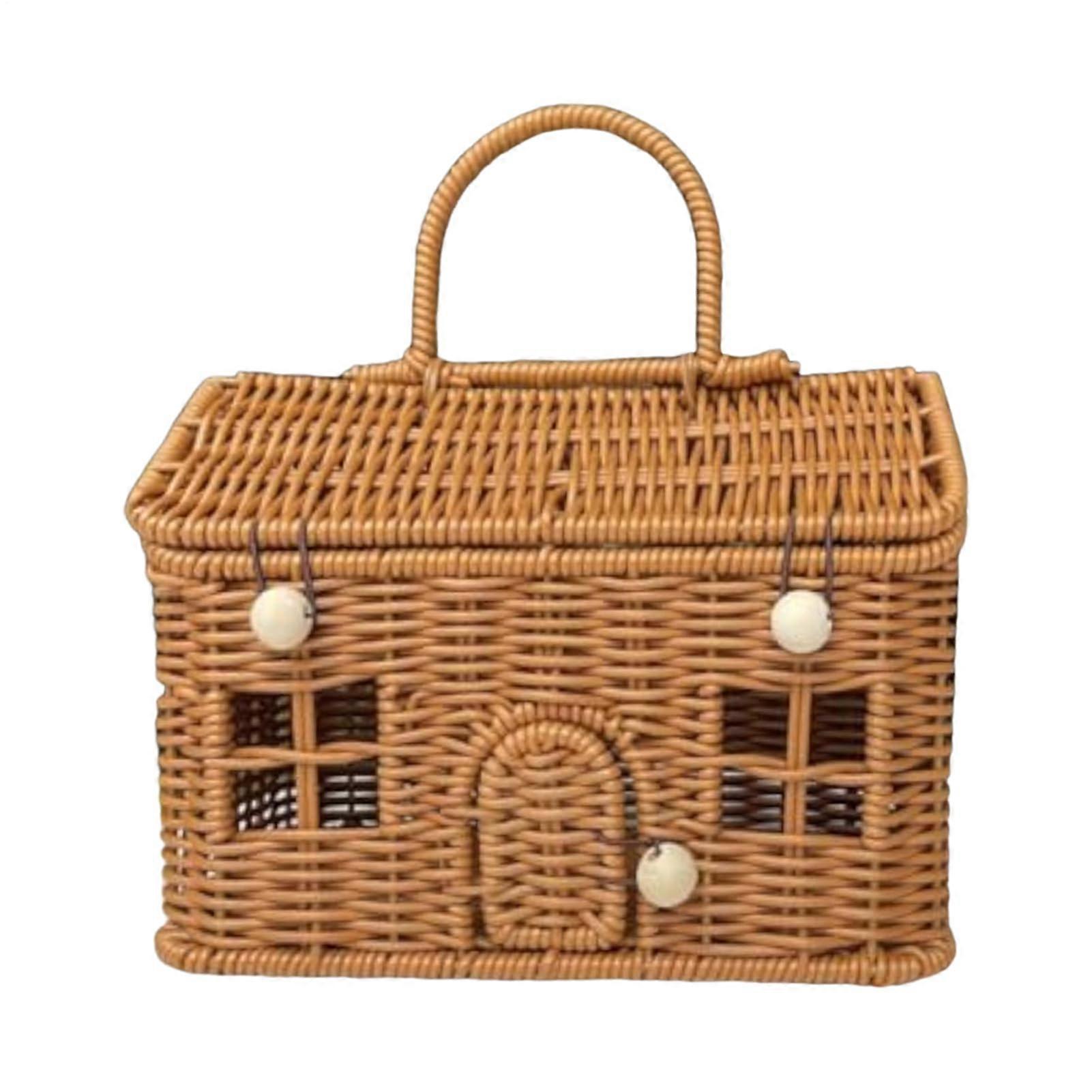 Rattan Storage Basket House Shaped with Lid and Handle, Handmade Rustic Organizer for Home Decor