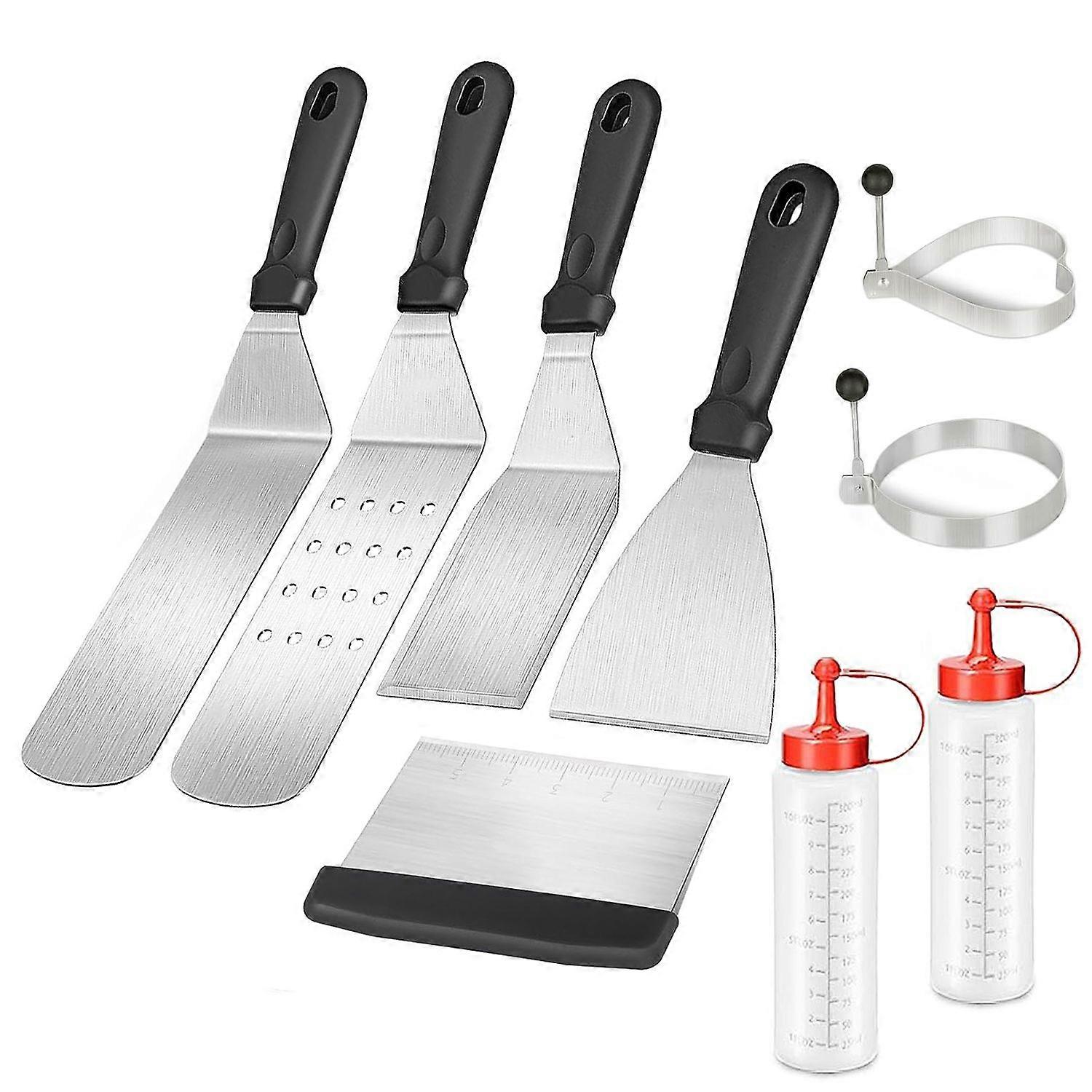 Set de couverts de gril en acier inoxydable - 2 spatules, 2 bouteilles, 2 anneaux à œufs, 1 tourne-hamburger, 1 grattoir et 1 carte de pâte (9 pièces)