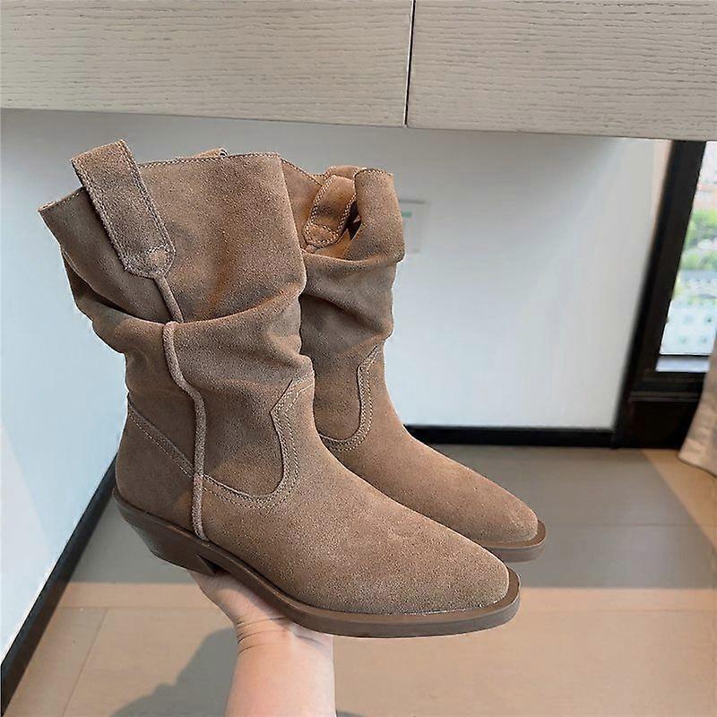 Womens Slouchy Cowboy Boots Mid Calf Western Boots Block Heel Suede Look Pull On Boots