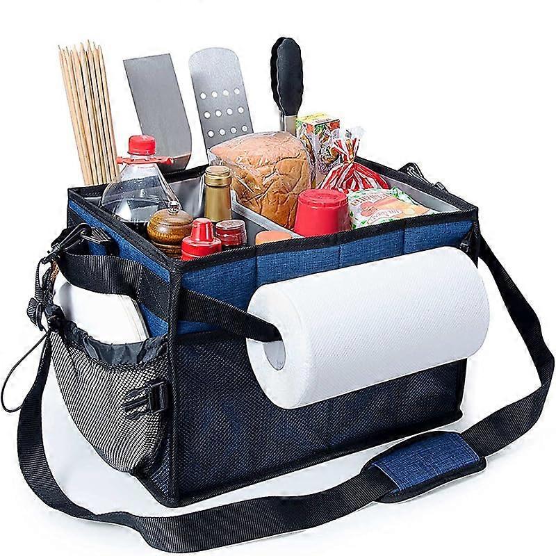 BBQ Caddy Organizer Blue Oxford with MultiPocket Design, Adjustable Strap, Outdoor Kitchen Storage