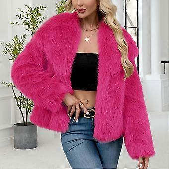 Casaco feminino de inverno em pele sintética, cor sólida, gola dobrável, mangas compridas, ideal para ocasiões casuais, festas e uso diário.