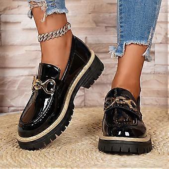 SYMOID Dames zwarte chunky platform loafers – instappers van lakleer, metalen paardenbit, ronde neus, brede pasvorm (36-43), maat 38