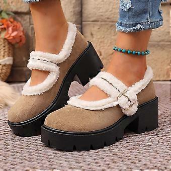 Dames Mary Jane loafers van imitatie suède met een comfortabele fleecevoering en een stevige hak, instappers in retrostijl voor de winter.