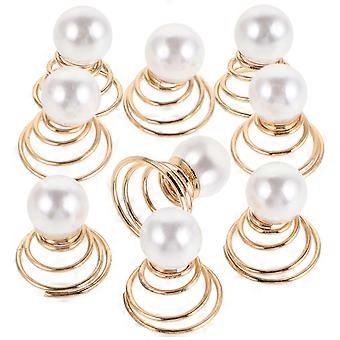12pcs Ladies Golden Imitation Pearl Hair Pin Metal Coil Spiral Hairpin with Decoration for Wedding Prom Party Birthday