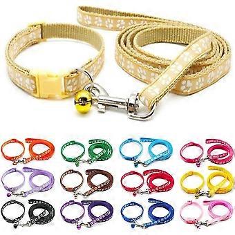 Puppy Pet Collar and Leash Set Paw, Nylon Adjustable Size 120-32cm Collar with Bell Yellow