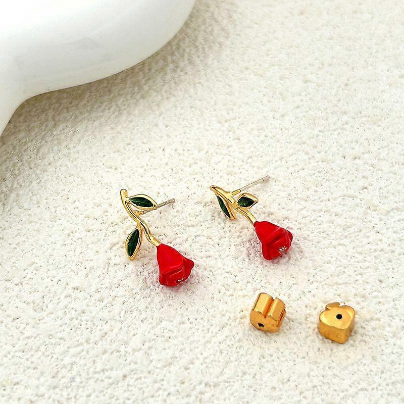 Sweet Design Handmade Drop Glazed Rose Pattern Stud Earrings