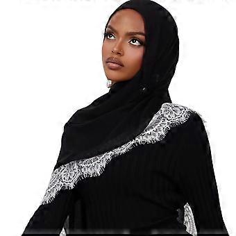 Women Black Cotton Lace Patchwork Hijab Scarf Breathable Shawl Head Wrap Scarf