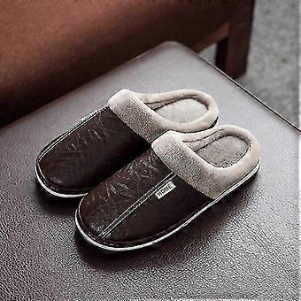Big Size For Men's Pu Leather Slippers Indoor Waterproof Home Fur Male Couple Flat Women Men Winter Slipper Cotton Shoes