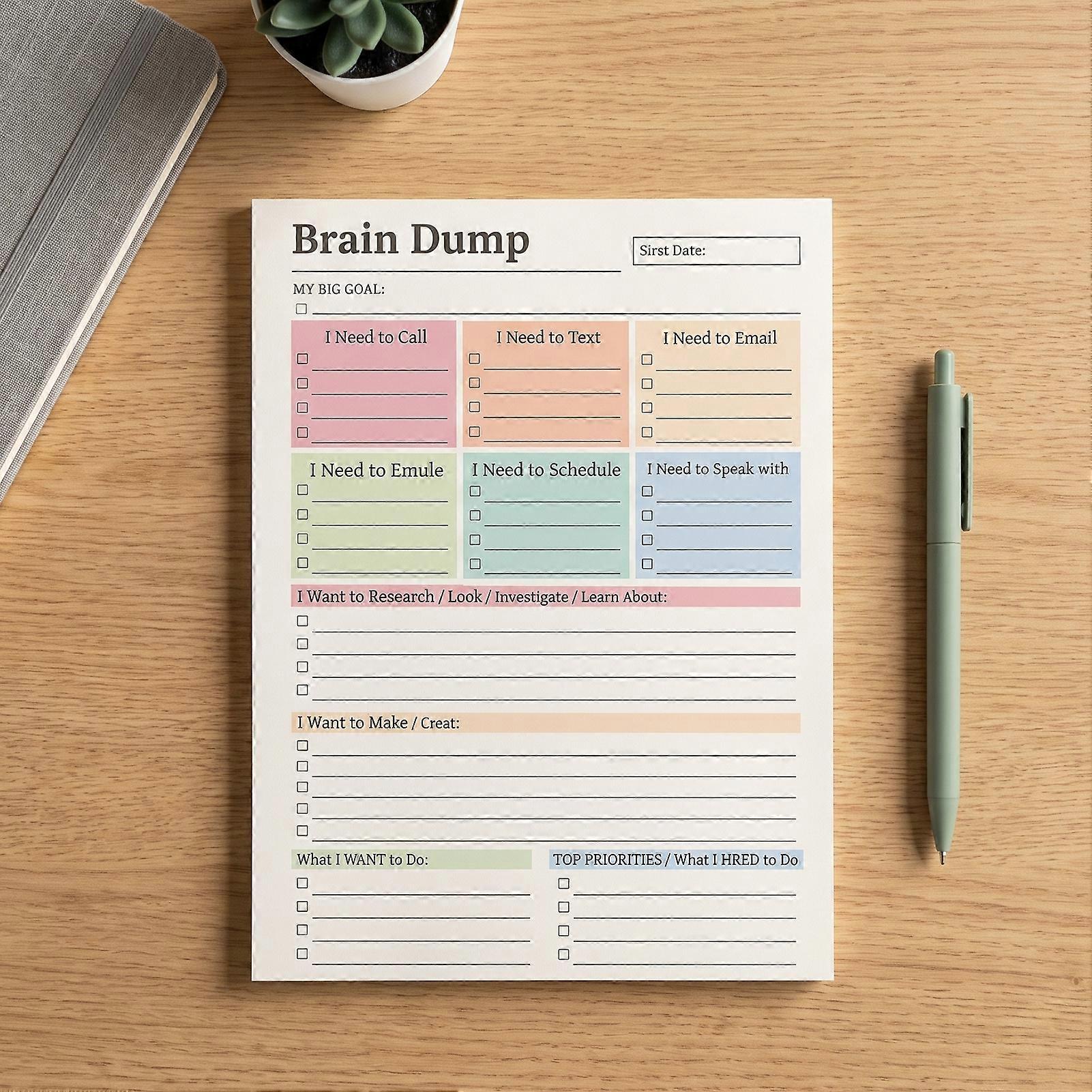 A5 Brain Dump Planner - 50 Sheet Tear-Off Daily Task Notepad
