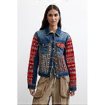 Desigual Etnica Blue Denim Jacket with Red Ethnic Embroidered Patches 26WWED05