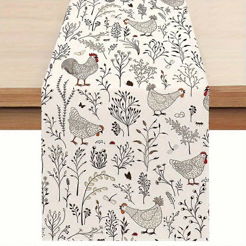 Rooster and Hen Table Runner, 1 Pc Rustic Farmhouse Animal Pattern Tabletop Decoration for Easter Dining Kitchen