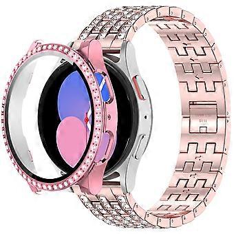 For Samsung Galaxy Watch 5 44mm Rhinestone Band with Protective Case, Elegant Pink Metal Strap for Women