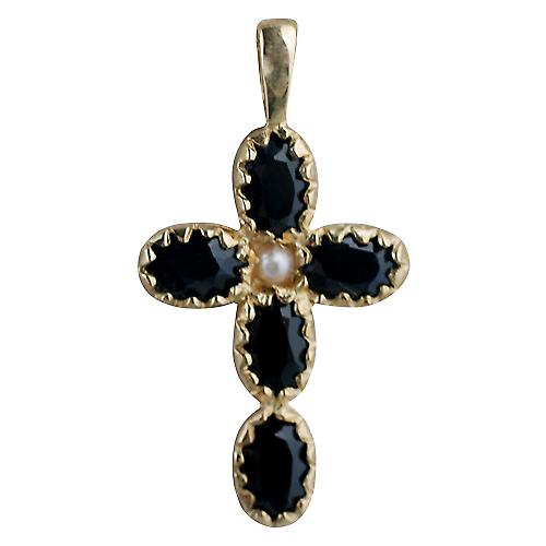 9ct Gold 25x16mm Cross set with 5 Dark Sapphires and 1 Pearl