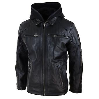 Men's Hoodie Real Leather Jacket Casual Removable Hood Zip Napa