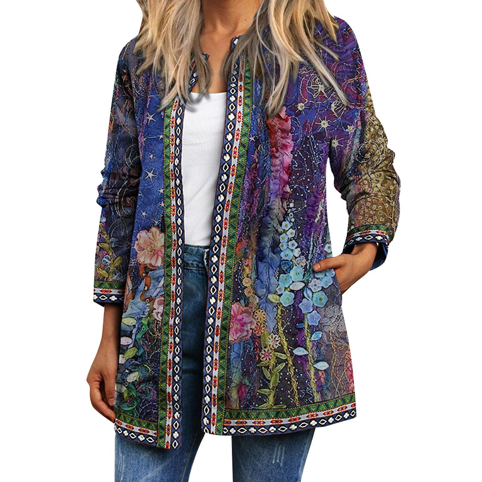 Vintage Women Print Cardigan Long Sleeve Pocket Loose Casual Jacket Coat Outerwear