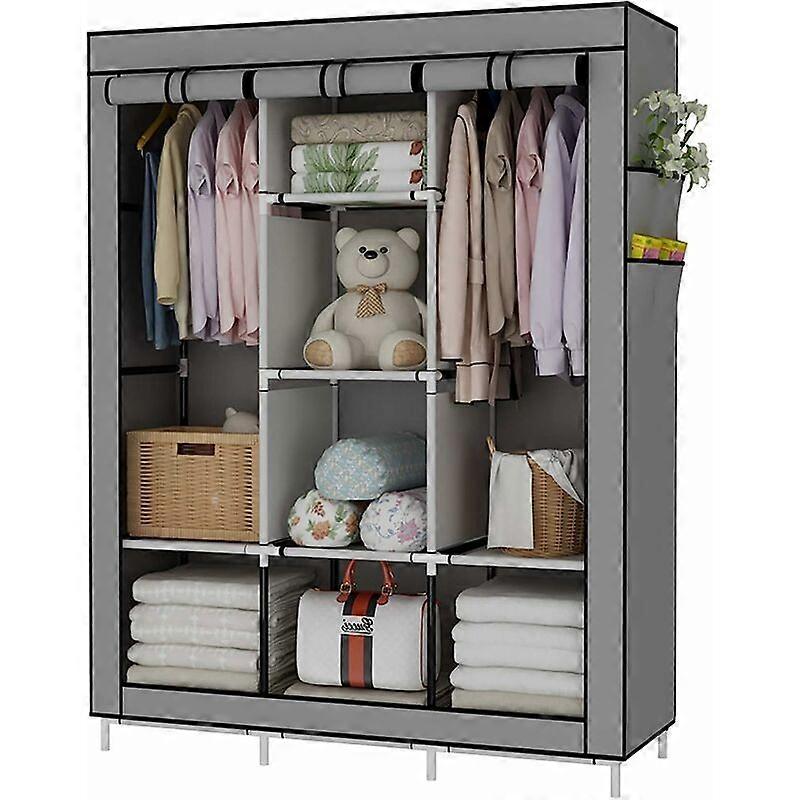 Portable Wardrobe Non-Woven Fabric Wardrobe Storage Cabinet with Sliding Doors Gray