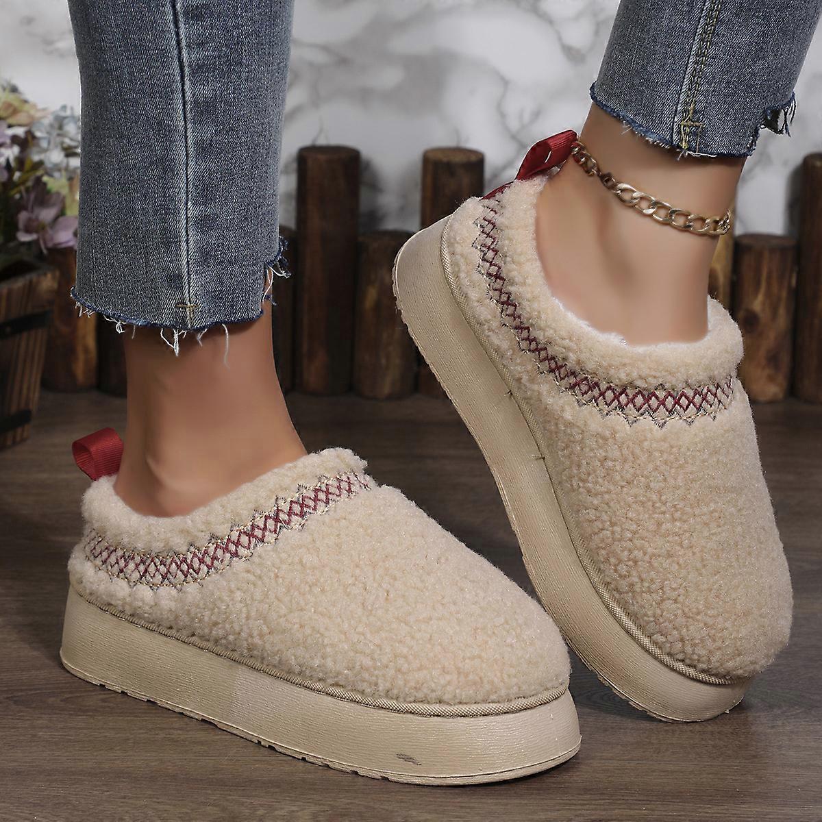 Winter warm flat wool slippers for women plush fur home slippers for women comfortable non-slip indoor floor snow boots