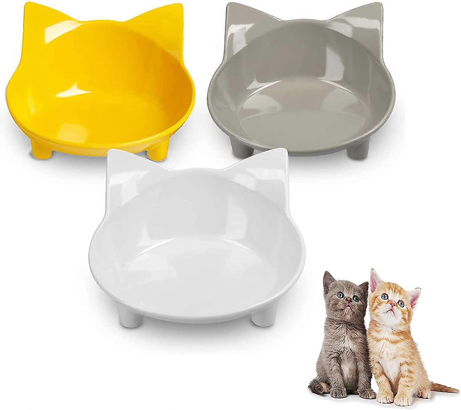 Cat Bowls, Non-Slip Multi-Purpose Pet Bowl with Rubber, for Mustache Fatigue Relief, Set of 3 - Grey, White and Yellow