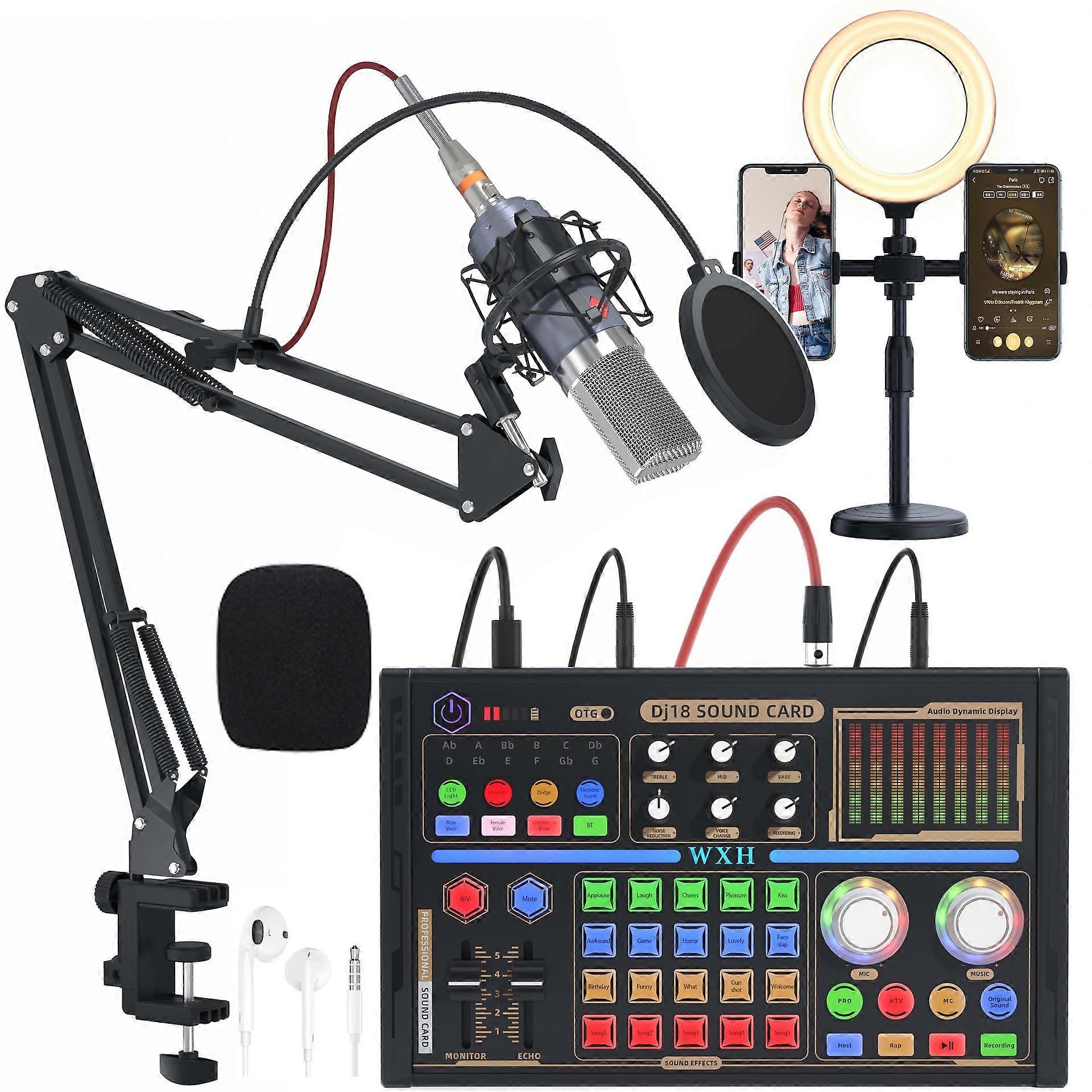Professional tuning sound card set with Blue silver microphone fill light live recording set
